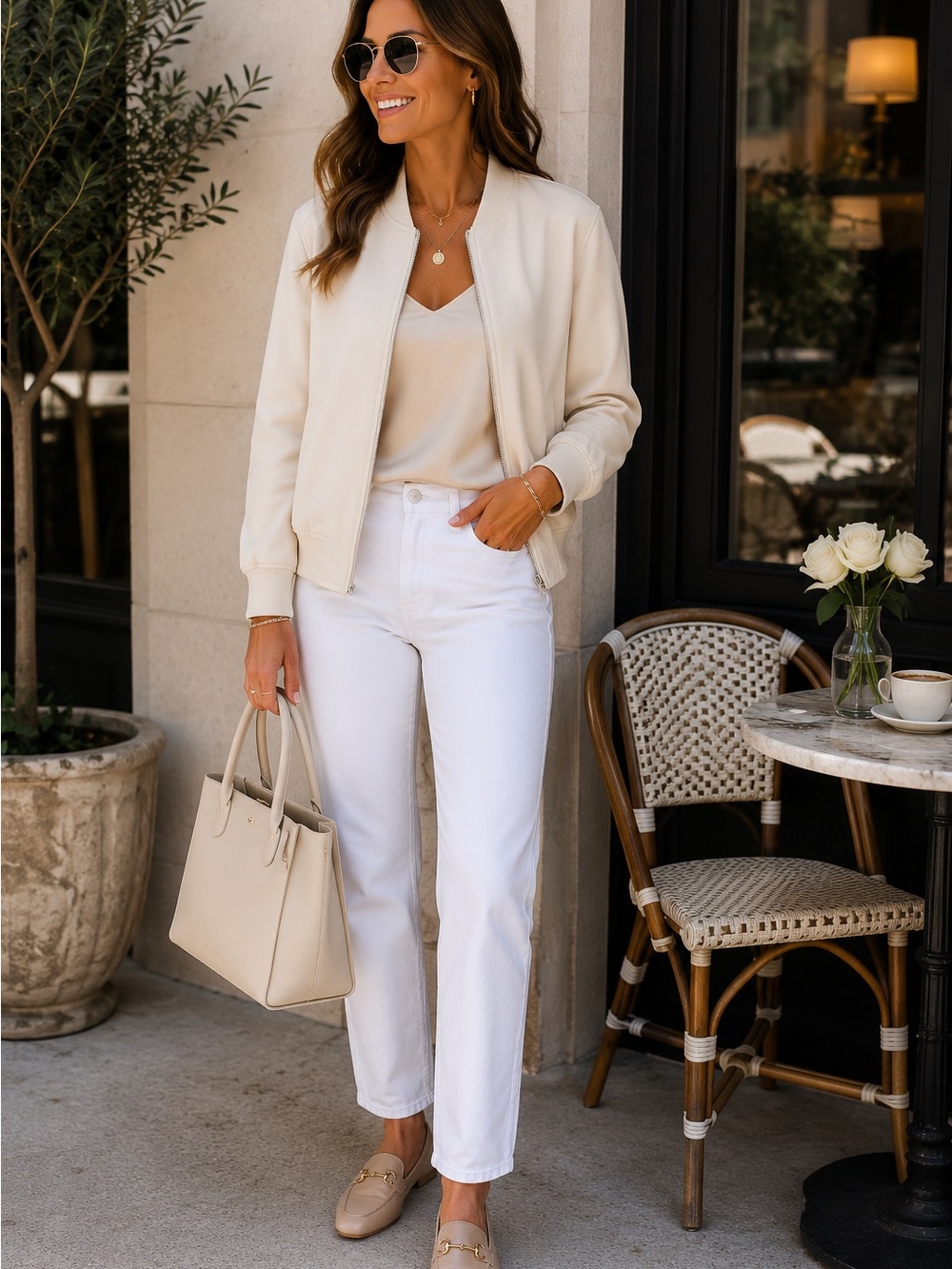 Zara Cream Textured Bomber Jacket | Zip Front | Minimalist Quiet Luxury | Size S